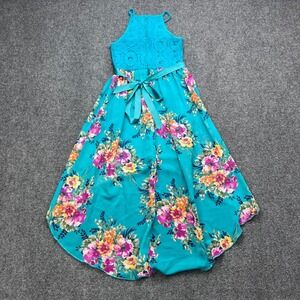 Emerald Sundae Floral Lace High Low Teal Halter Maxi Dress